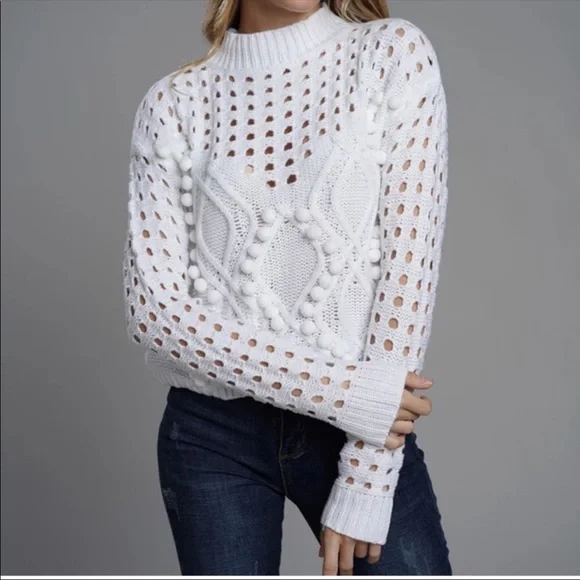 New! CLOSEOUT SALE! Peekaboo Pom knit sweater in white NWT - Picture 5 of 8